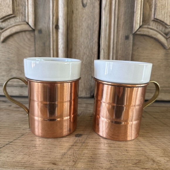 Vintage Set of 2 Copper & Porcelain Coffee Mugs Brass Handles Korea - Picture 1 of 11